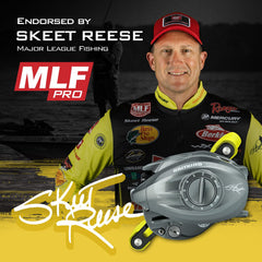 Close-up of Skeet Reese ICON Baitcasting Reel showing aluminum frame