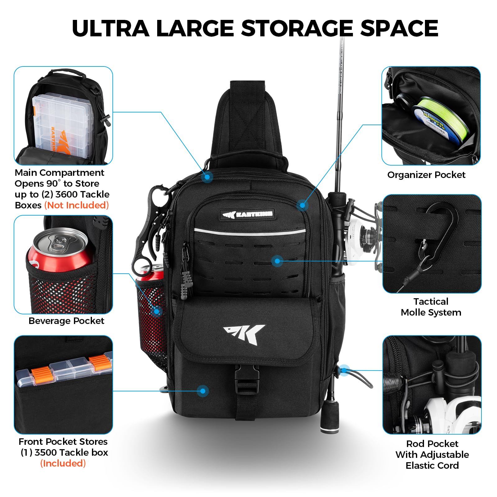 Front view of KastKing sling bag with 90-degree opening