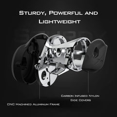 KastKing Speed Demon Elite Deadbolt reel side profile shows lightweight construction for reduced fatigue.