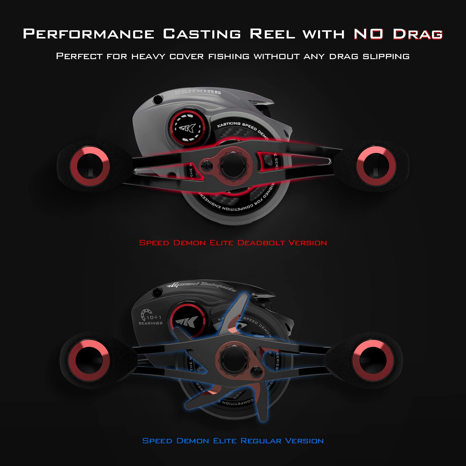 KastKing Speed Demon Elite Deadbolt reel top view highlights sleek shape for precise control.