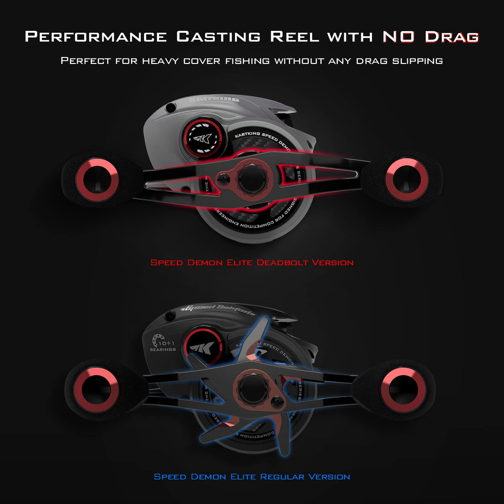 KastKing Speed Demon Elite Deadbolt reel top view highlights sleek shape for precise control.