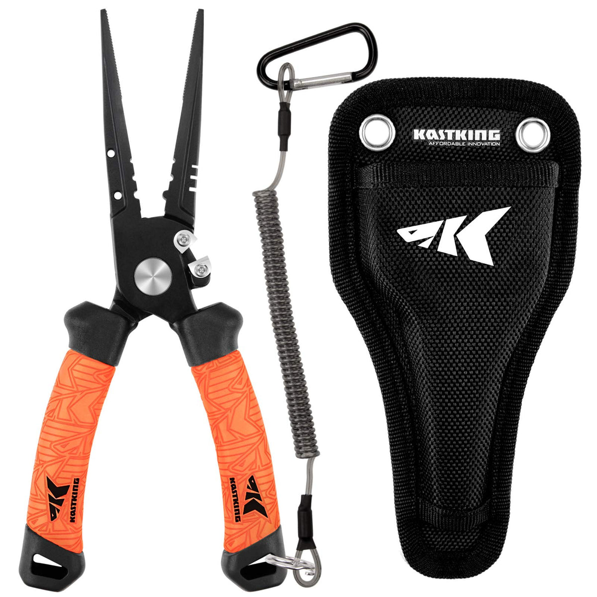 KastKing Speed Demon Pro pliers close-up shows corrosion-resistant straight-nose steel for saltwater use.