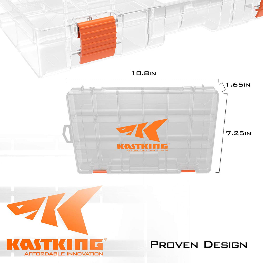 Open KastKing 3600 tackle box showing adjustable dividers and clear lid