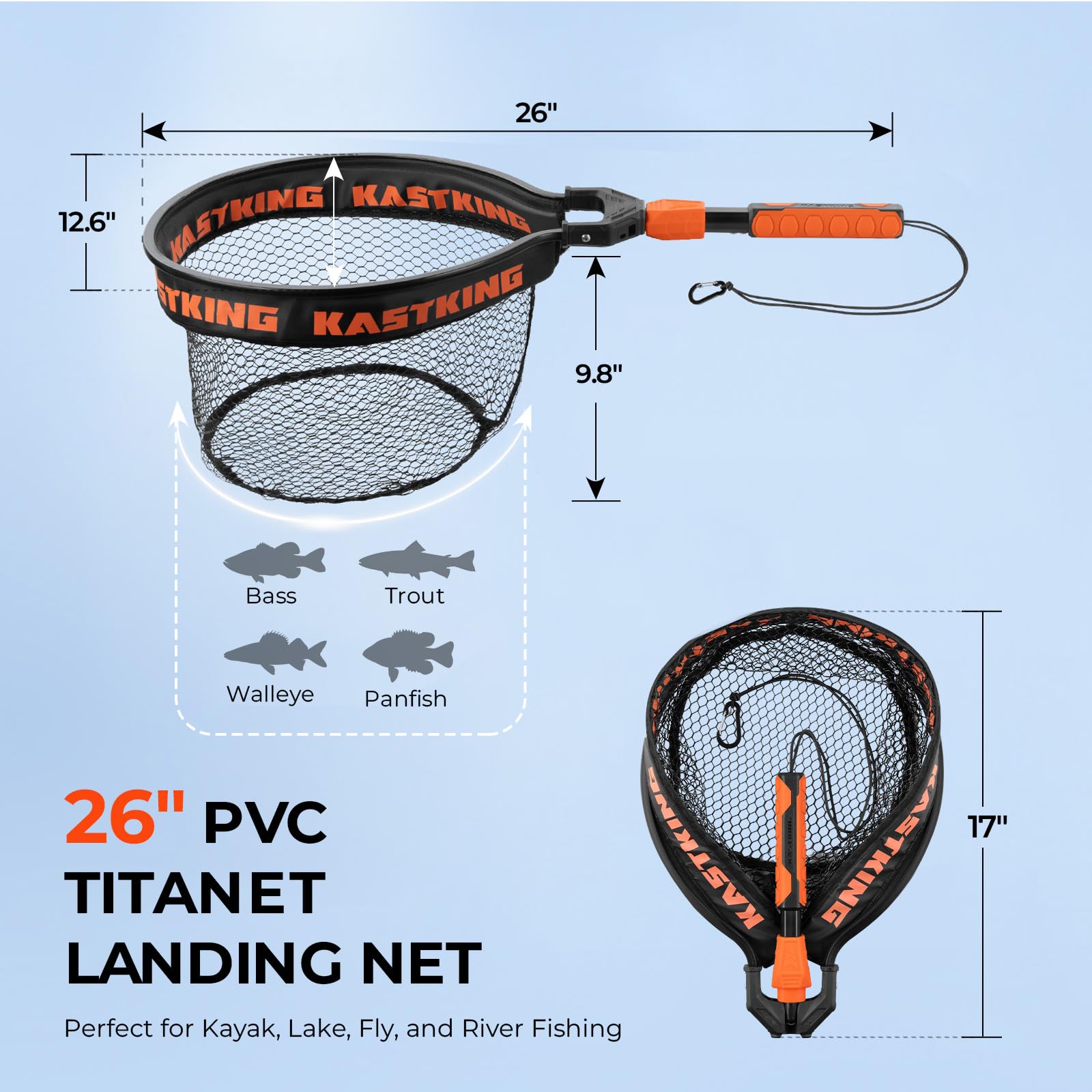 Net shown in use for kayak, lake, and river fishing