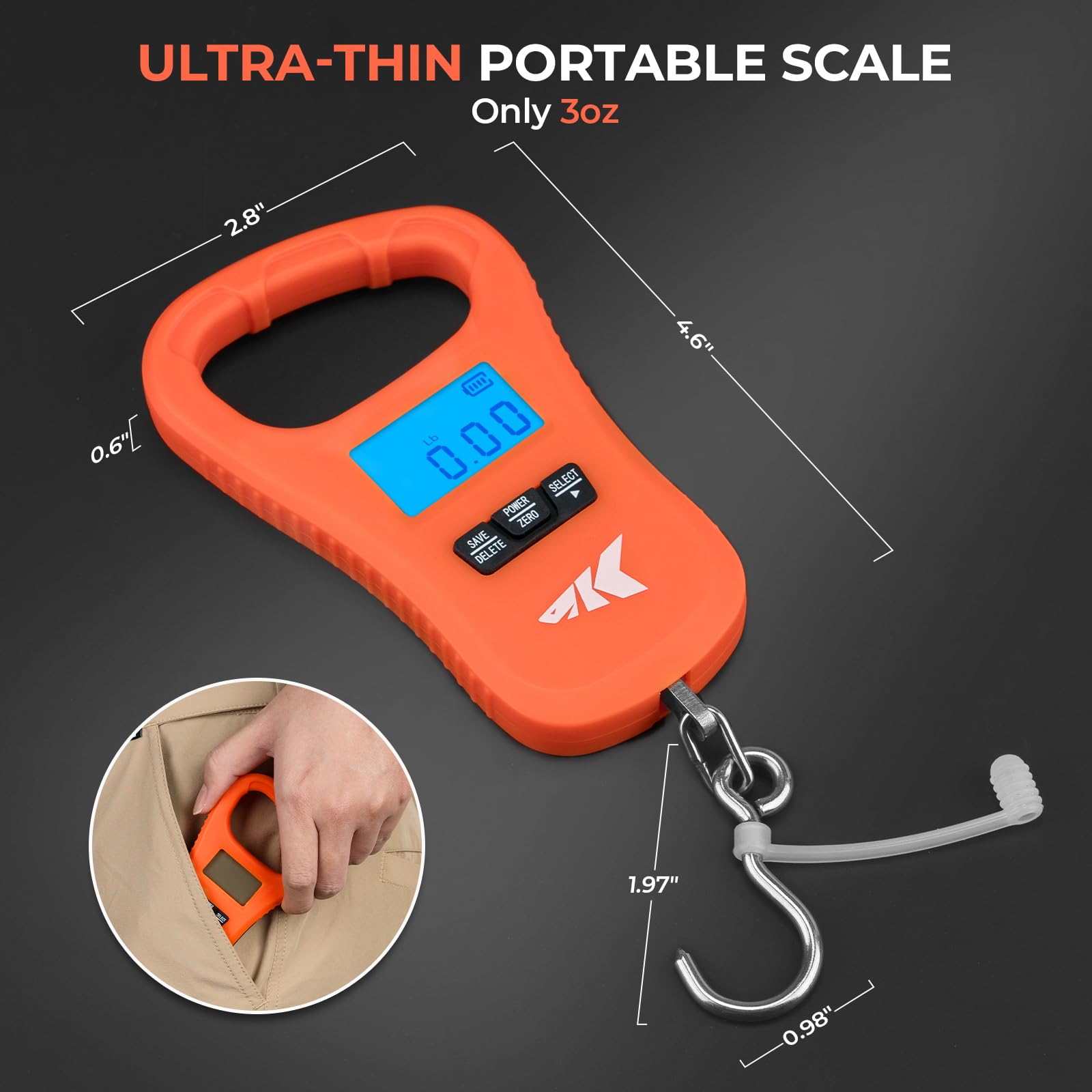 Back view of KastKing ToughTide orange fishing scale