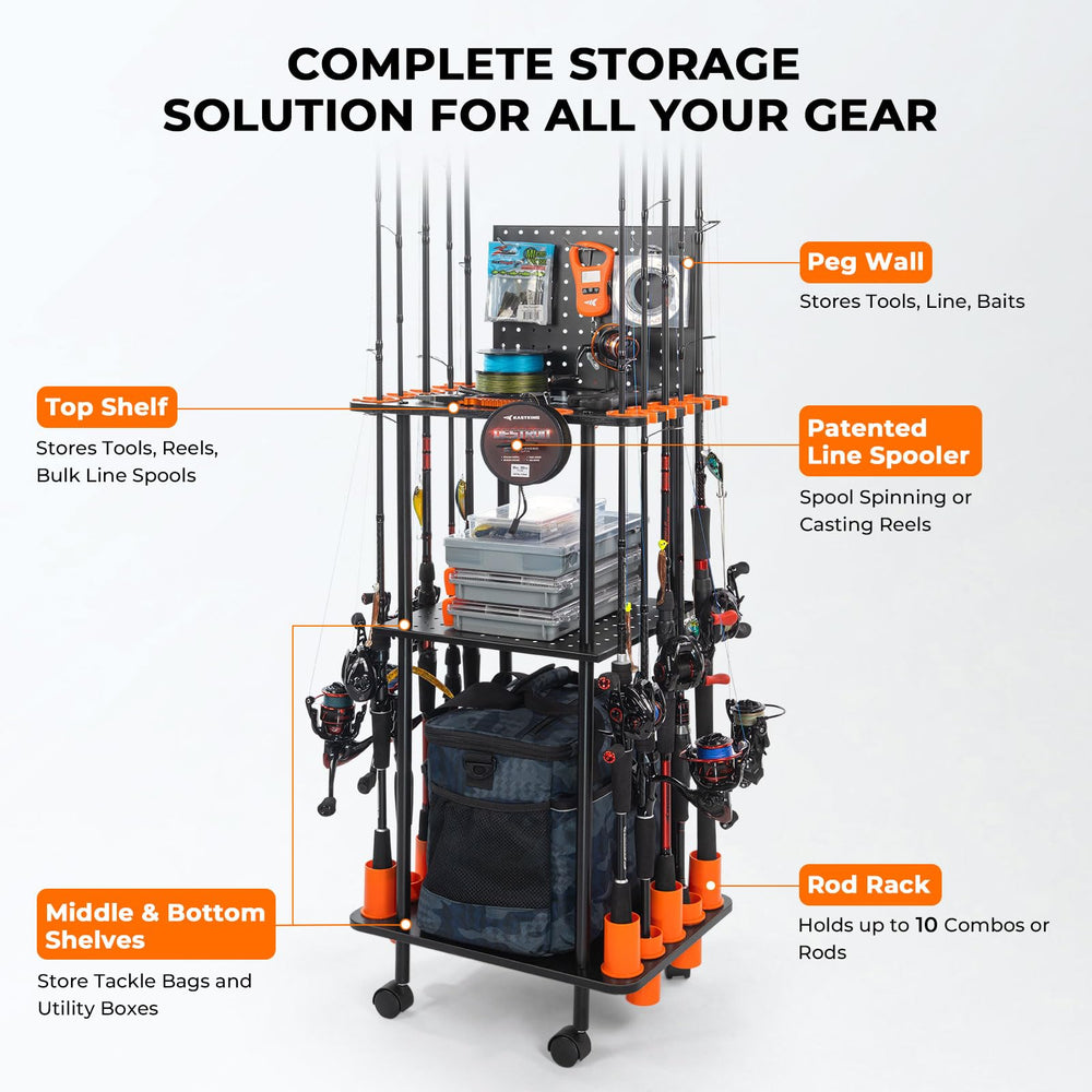 KastKing V10 Gear Trolley peg wall keeps hooks, lures, and pliers reachable