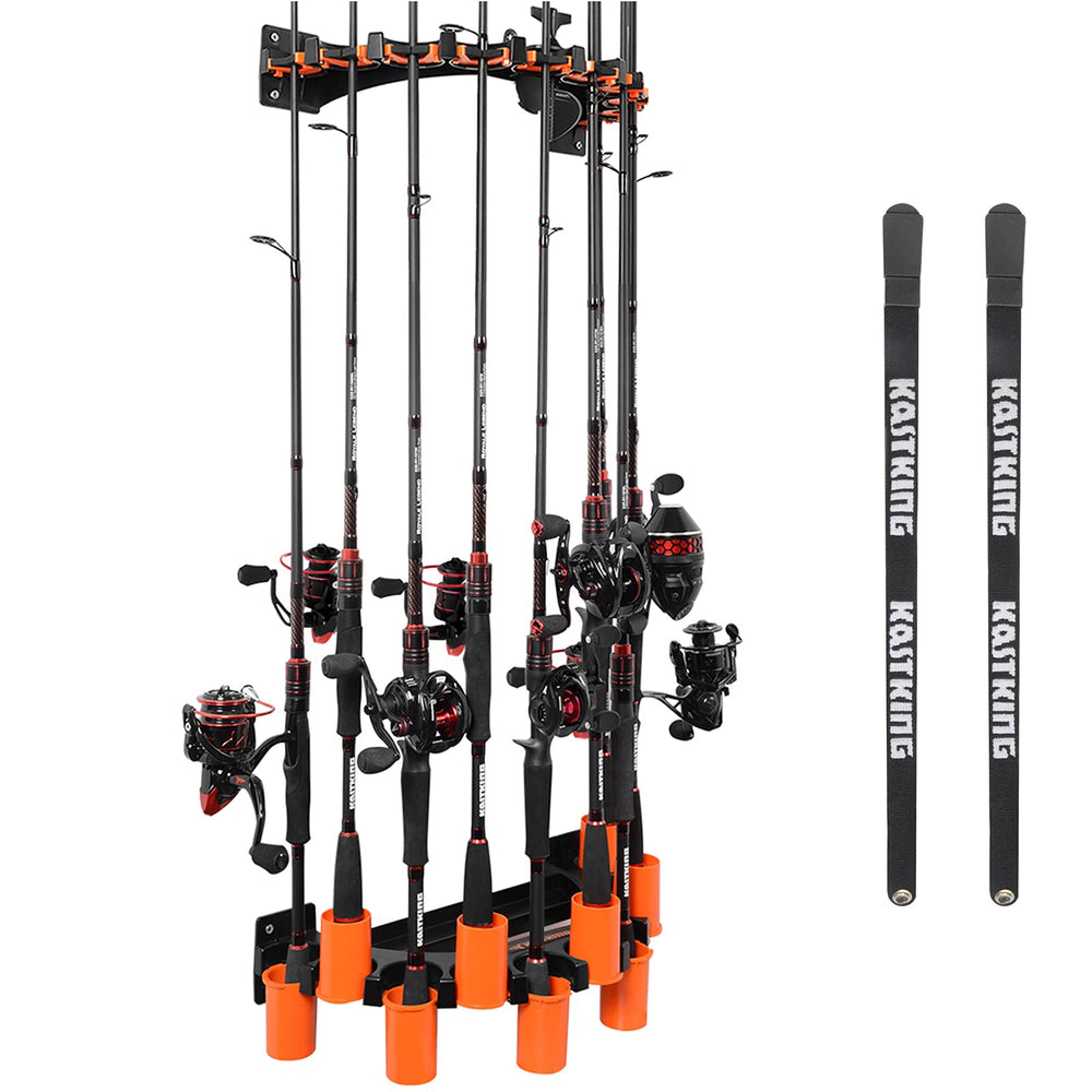 KastKing V10 Rod Rack mounted on wall with 10 rod slots