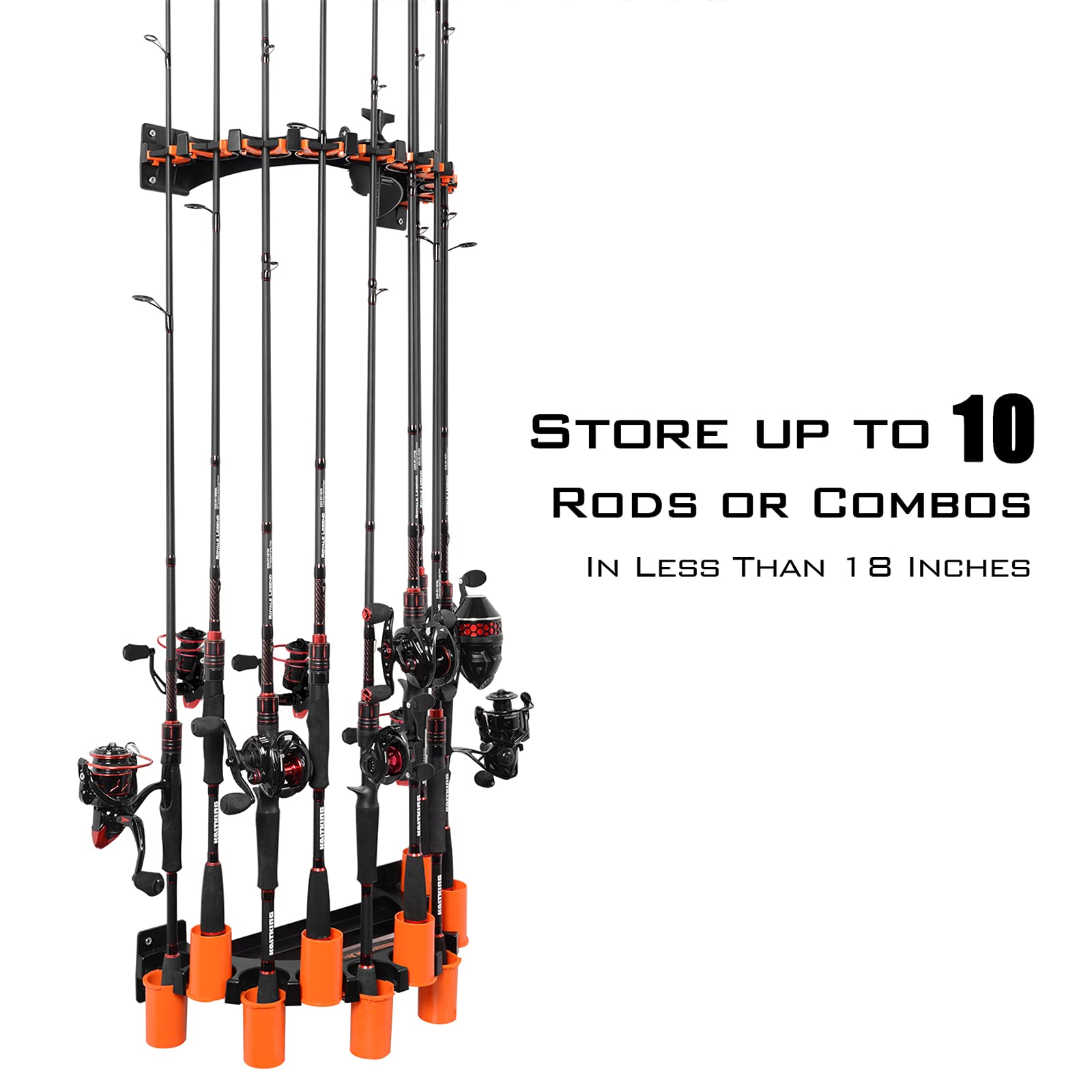KastKing V10 rod rack mounted on wall for efficient space use.
