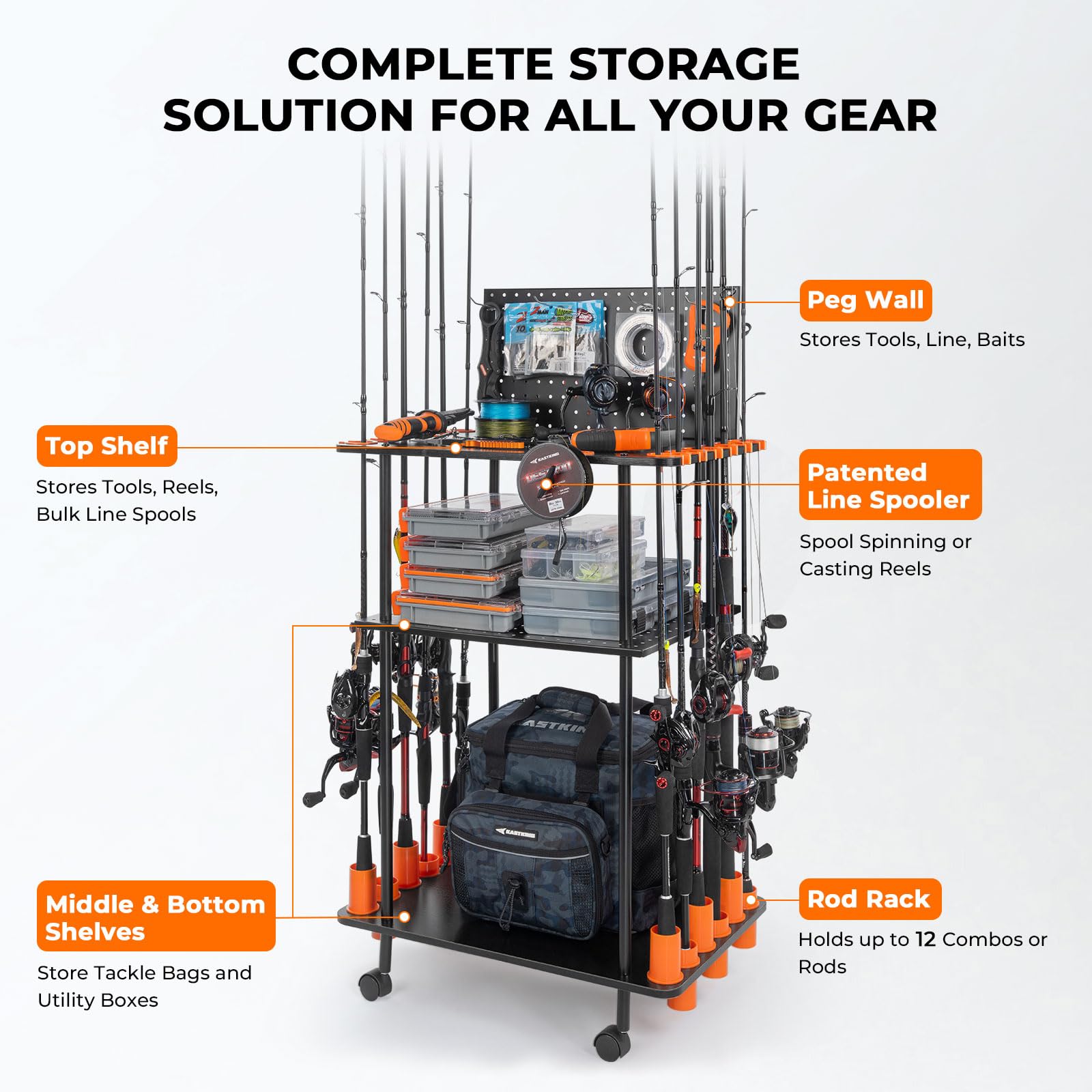 KastKing V12 Gear Trolley holding 12 combos keeps reels safe and tangle-free.