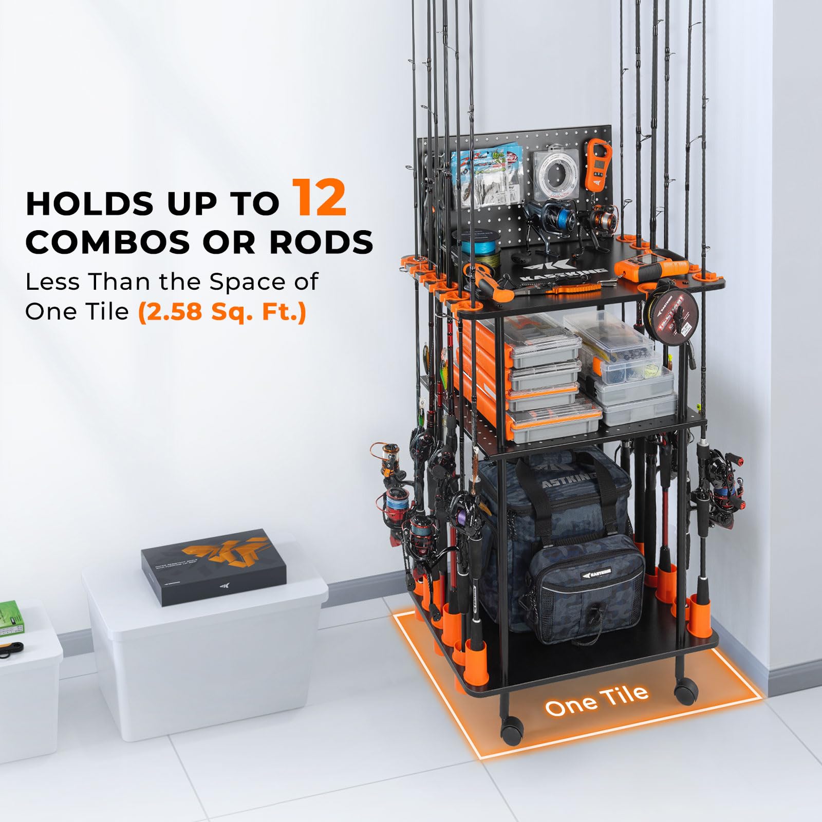 KastKing V12 Gear Trolley with four locking wheels makes garage-to-boat transport easy.