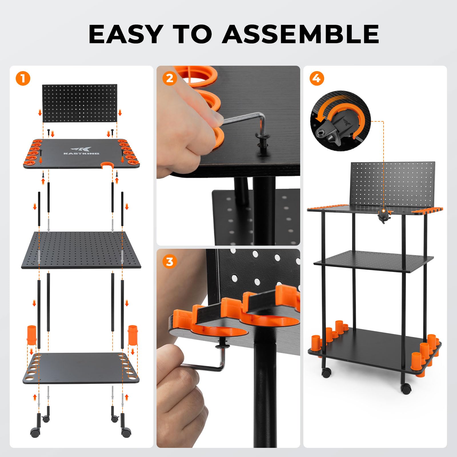 KastKing V12 Gear Trolley rolling cart transitions between workbench and outdoor setup.