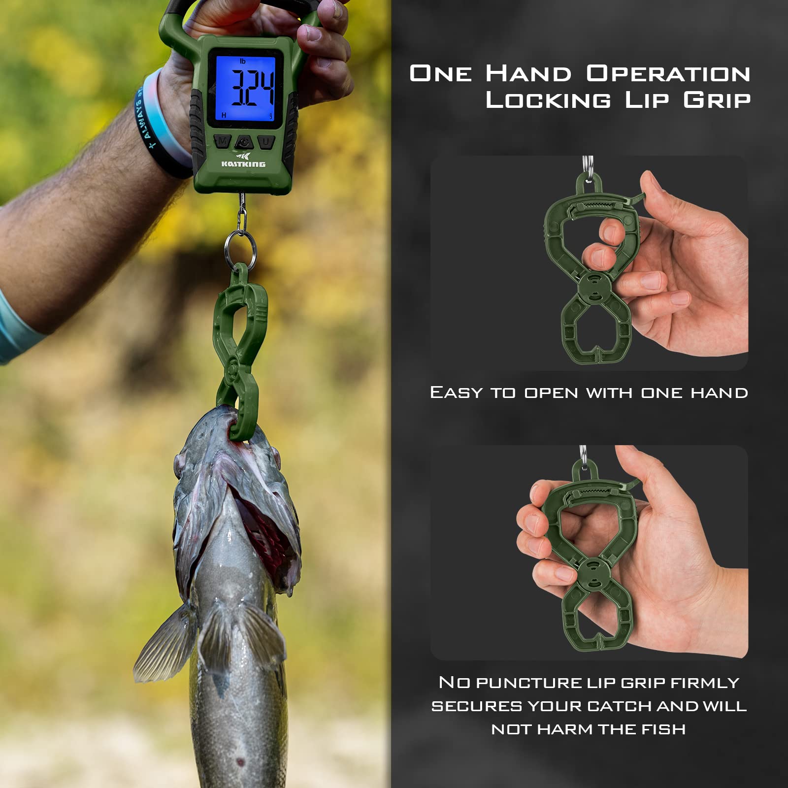 KastKing WideView lip grip and stainless-steel hook for one-handed measurements.