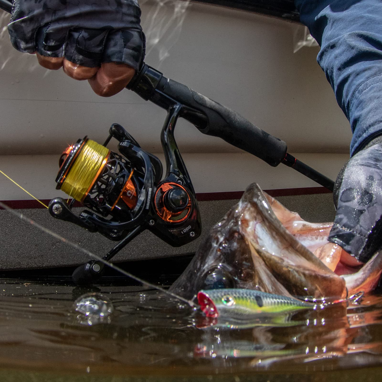 KastKing Zephyr 1000 SFS brass pinion gear closeup hints at durable performance.