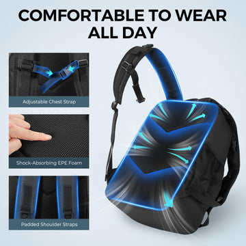 Back view with padded shoulder straps and chest strap