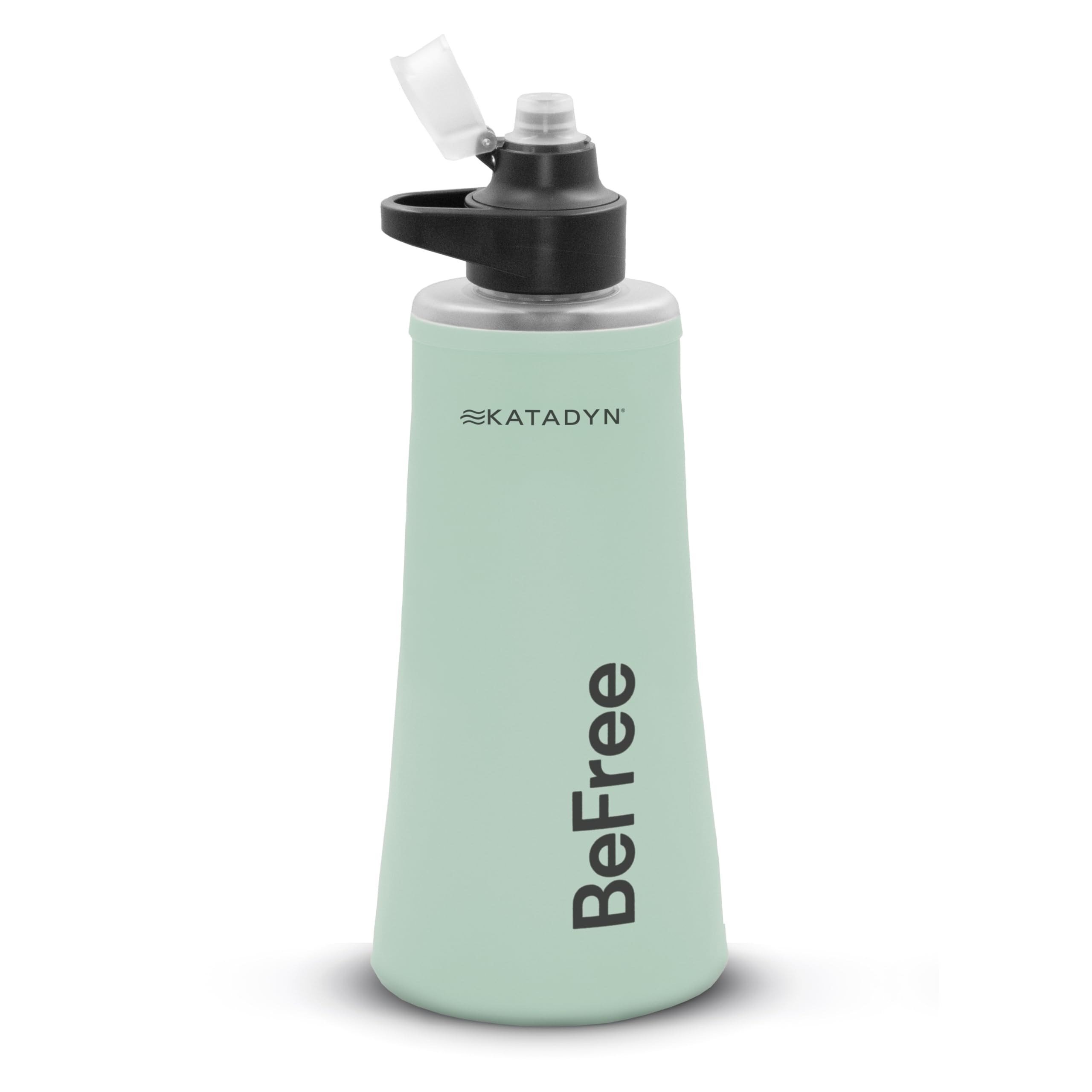 Katadyn BeFree AC 1L soft bottle with green cap for quick, clean hydration on hikes.