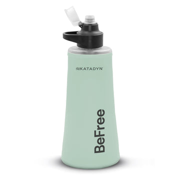 Katadyn BeFree AC 1L soft bottle with green cap for quick, clean hydration on hikes.