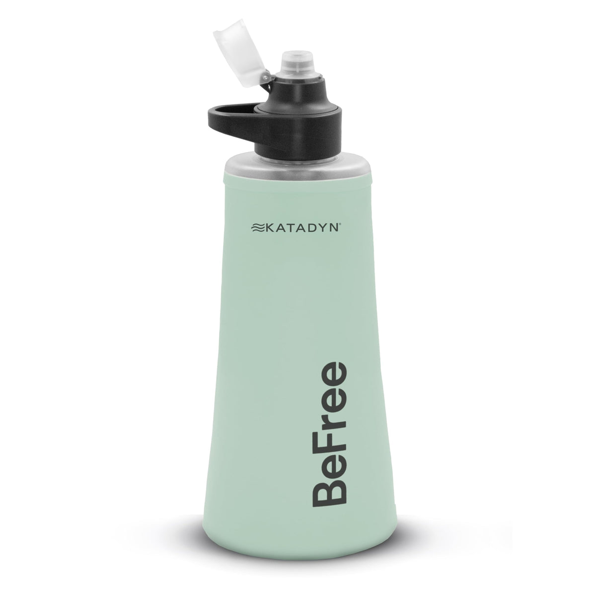 Katadyn BeFree AC 1L soft bottle with green cap for quick, clean hydration on hikes.