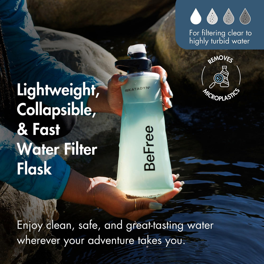 Katadyn BeFree AC 1L bottle in use with fast water flow on the trail.