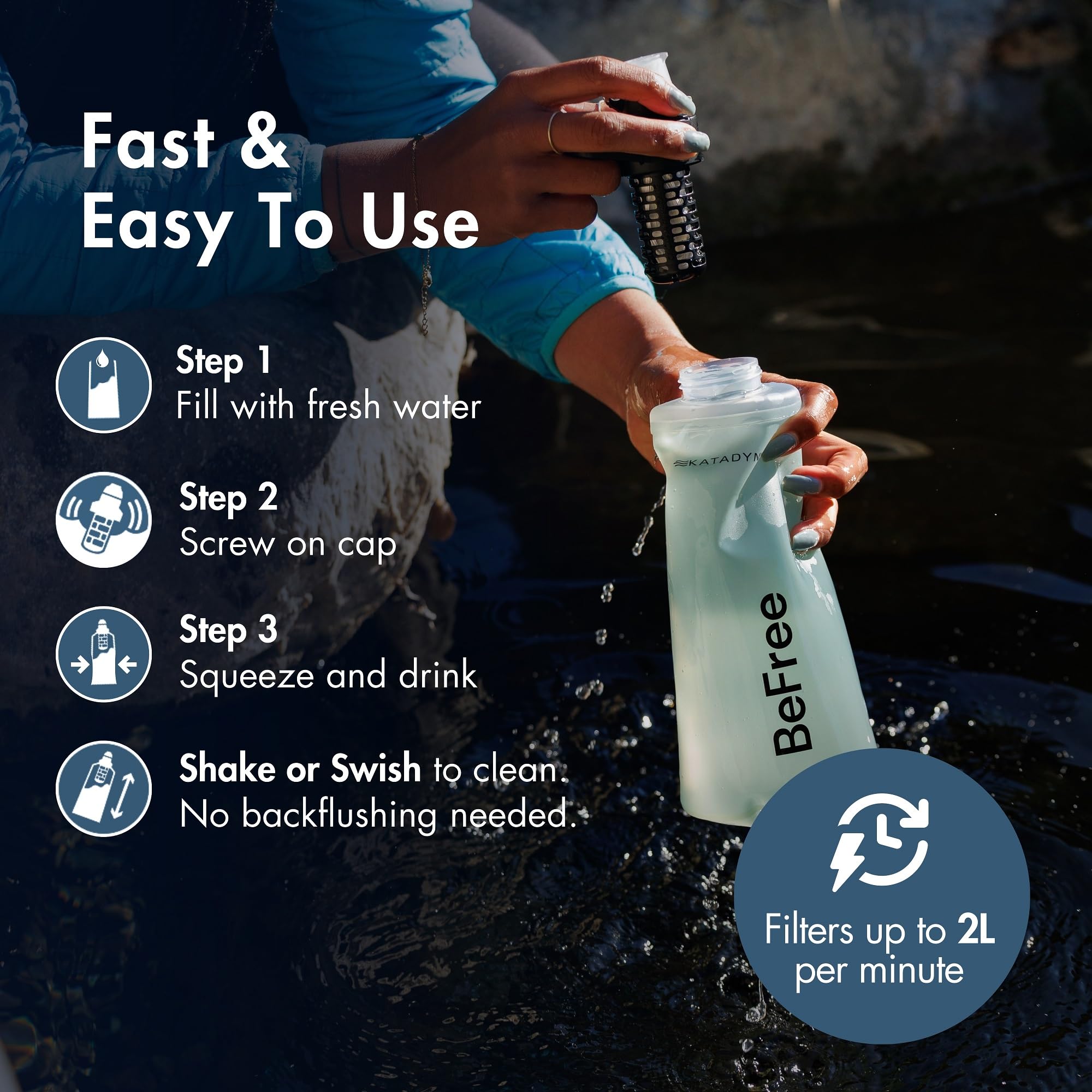 Katadyn BeFree AC 1L bottle with leak-proof cap for reliable hydration on adventures.