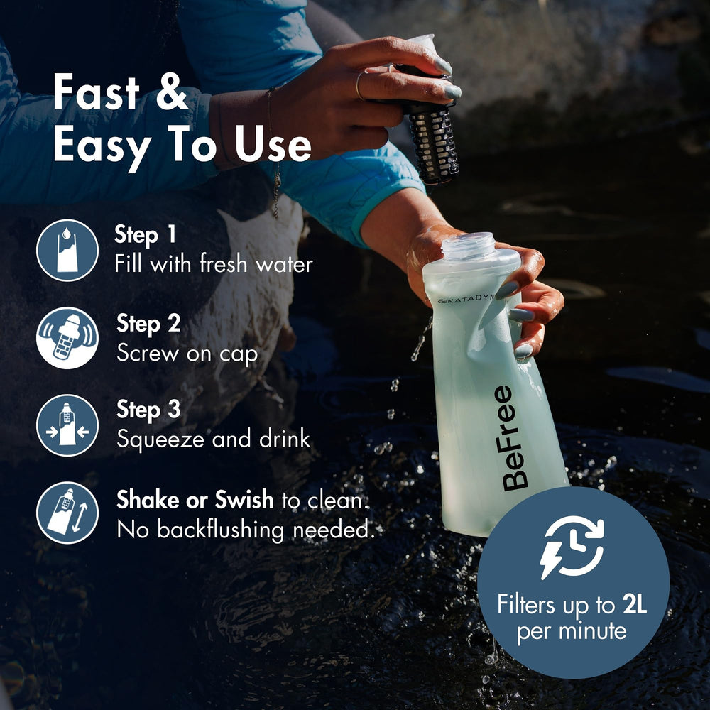 Katadyn BeFree AC 1L bottle with leak-proof cap for reliable hydration on adventures.
