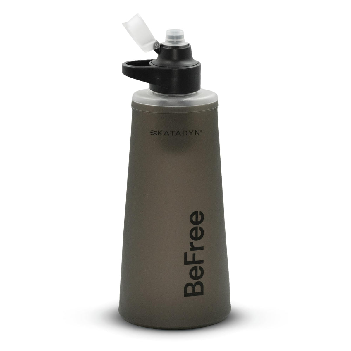 Katadyn BeFree AC 1L bottle in black for ultralight hiking and quick hydration.