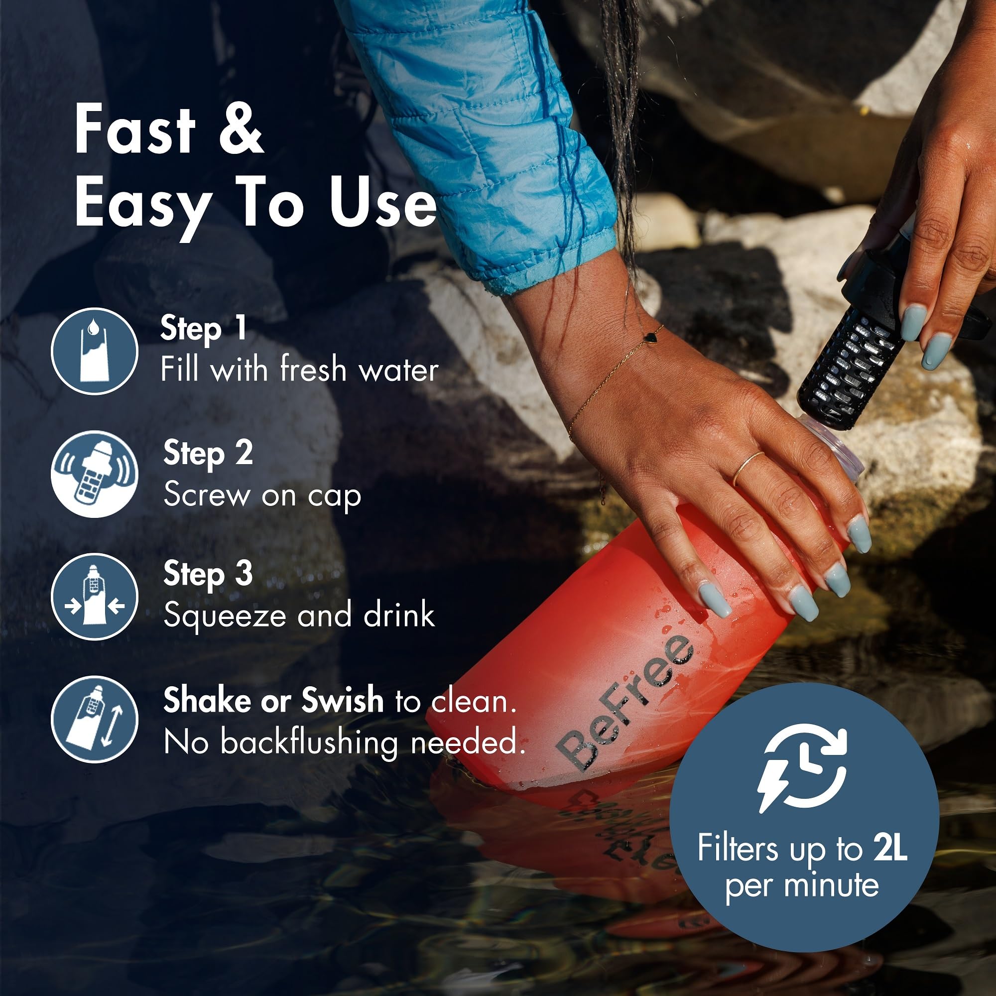 Katadyn BeFree AC ideal for hiking, travel, sports, emergencies.
