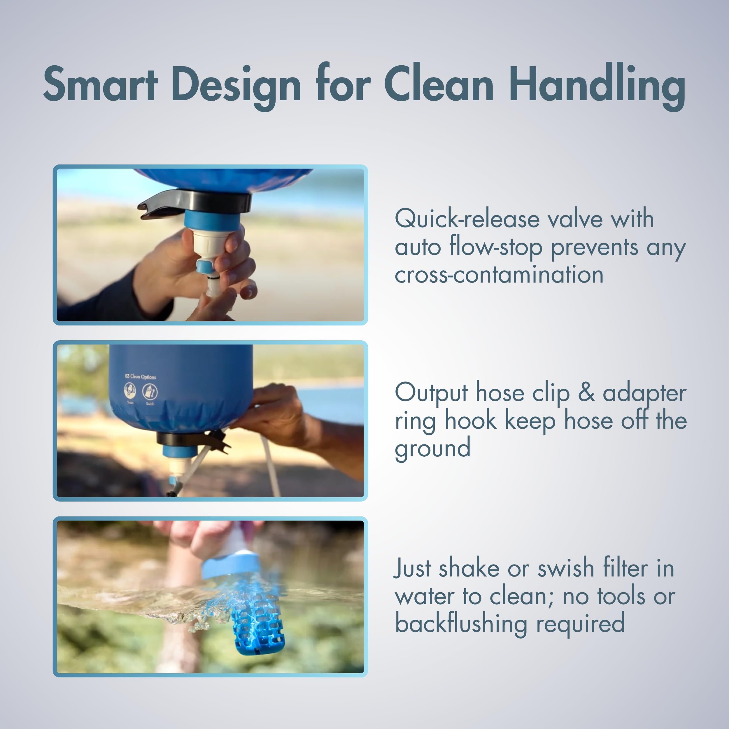 Katadyn Gravity BeFree 10L field-cleaning demonstrates shake/swish maintenance capability.