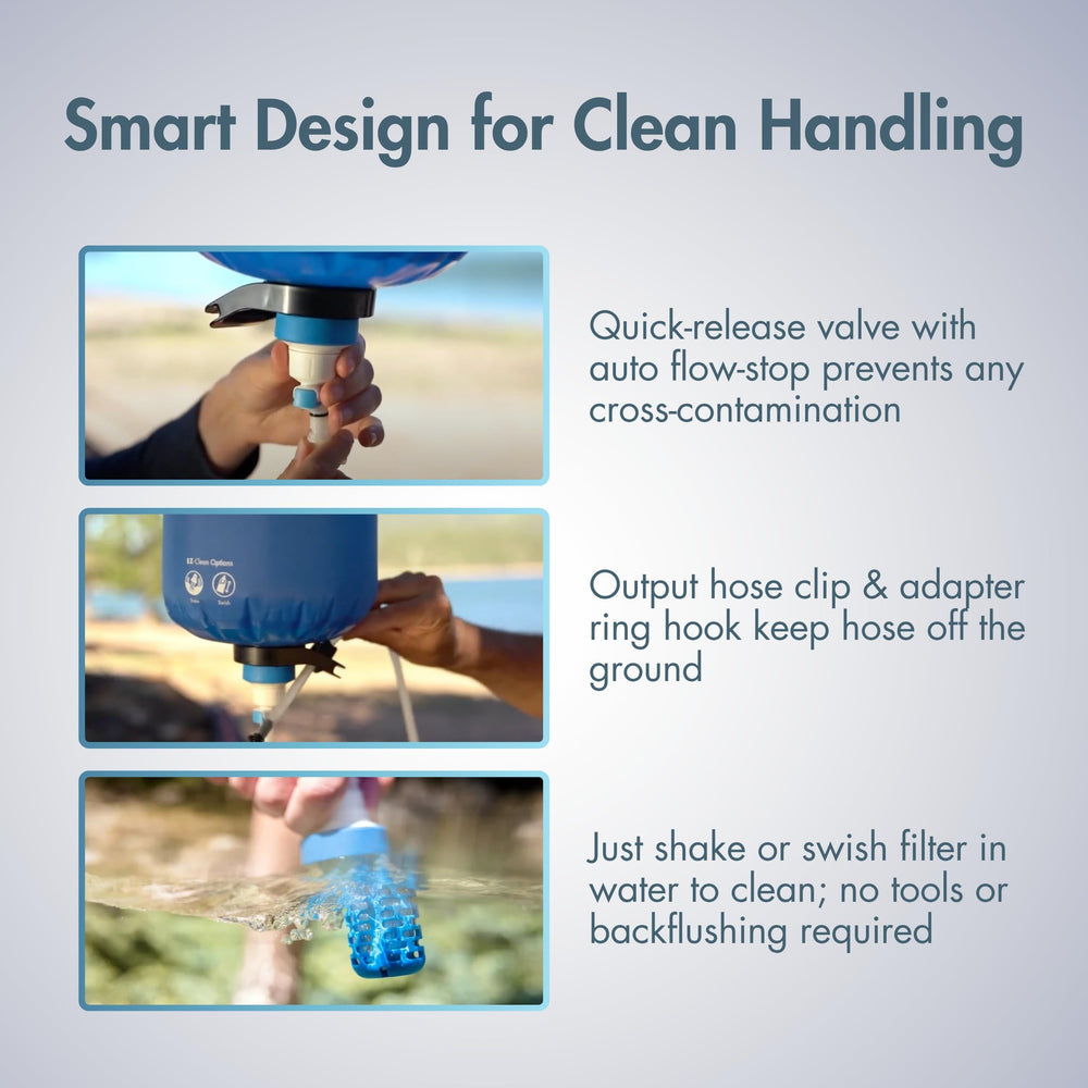 Katadyn Gravity BeFree 10L field-cleaning demonstrates shake/swish maintenance capability.