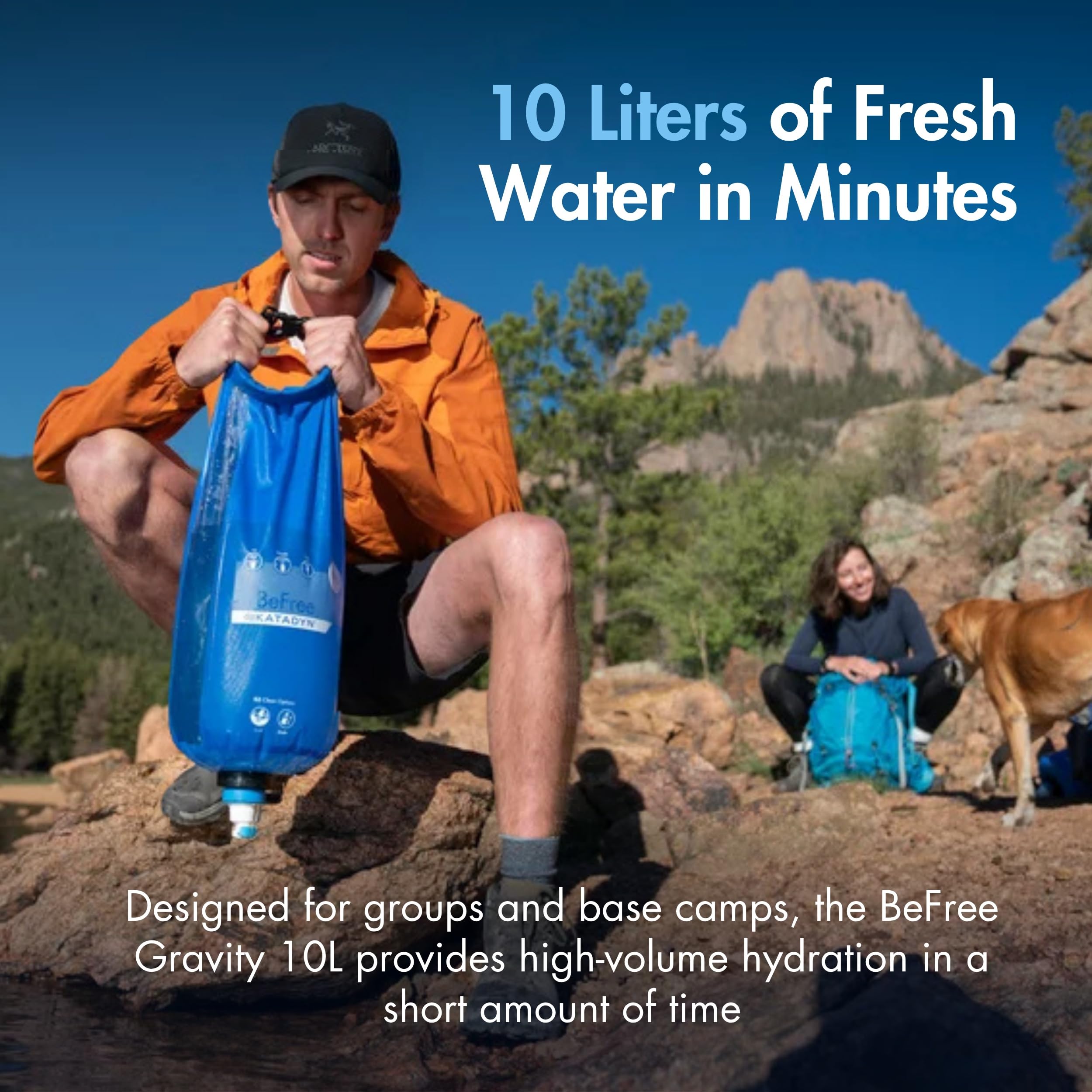 Katadyn Gravity BeFree 10L filter-element close-up highlights 0.1 micron hollow-fiber filtration.