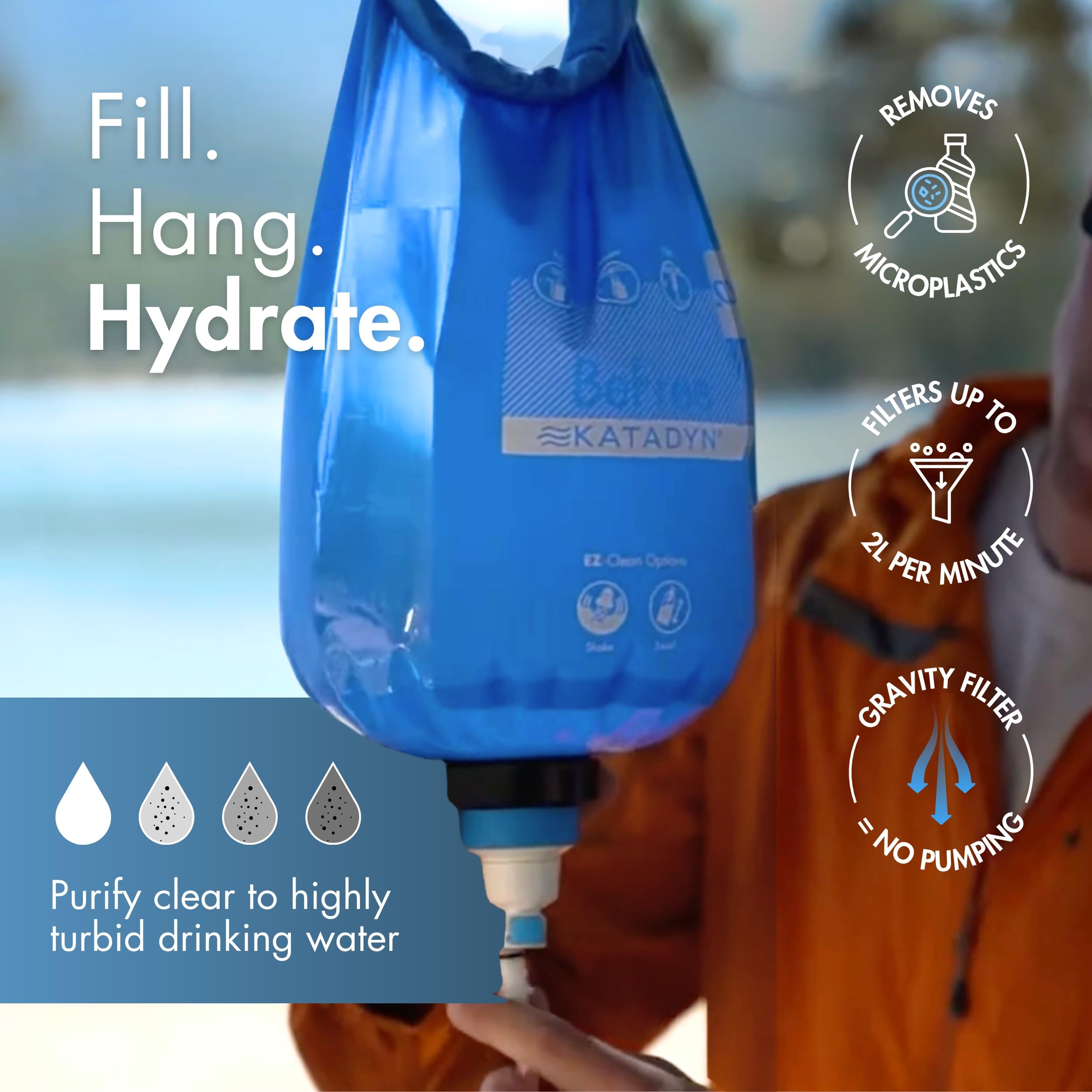 Katadyn Gravity BeFree 10L hanging-bag image demonstrates convenient group-capable filtration on outdoor trips.
