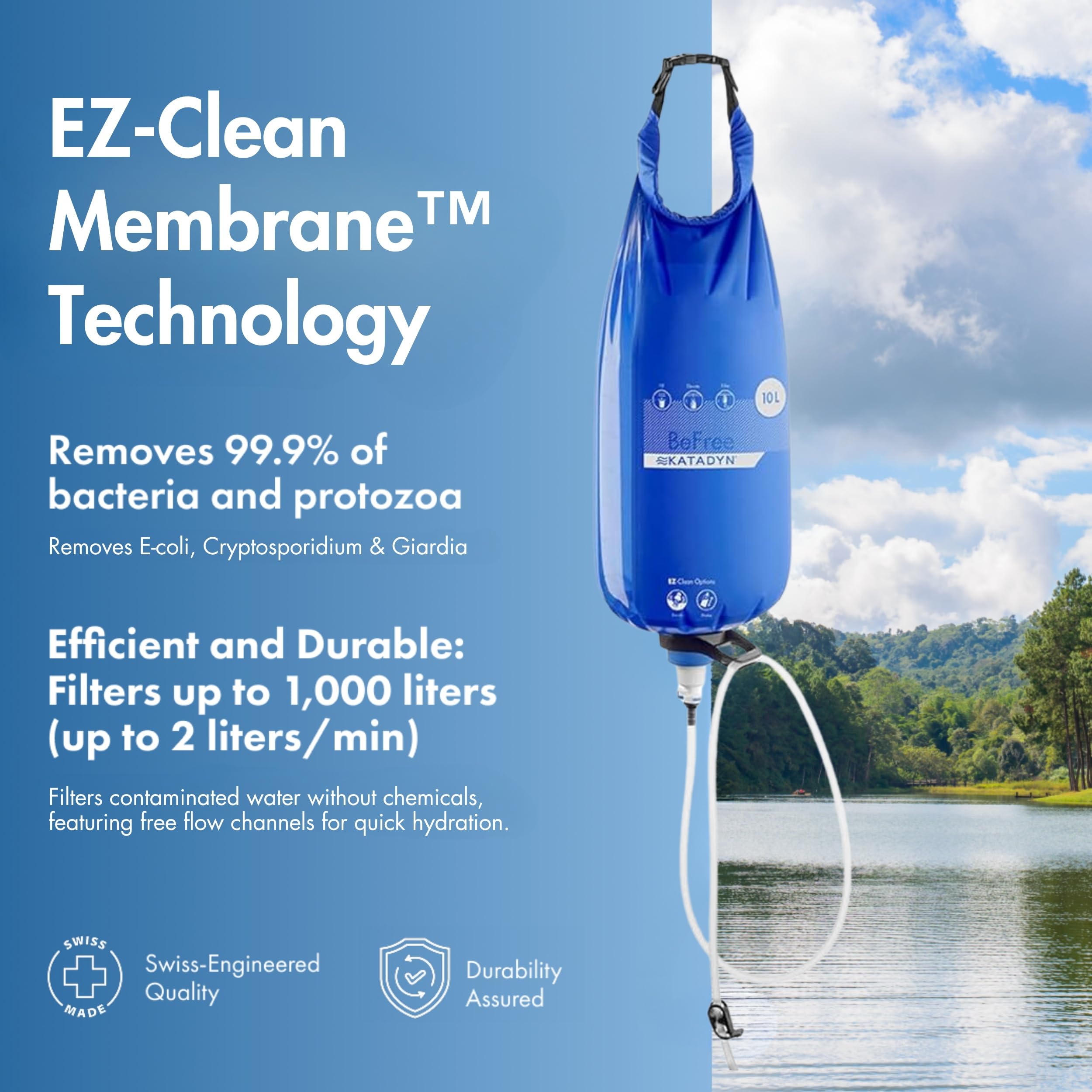 Katadyn Gravity BeFree 10L quick-connect hose image emphasizes easy filling and storage.