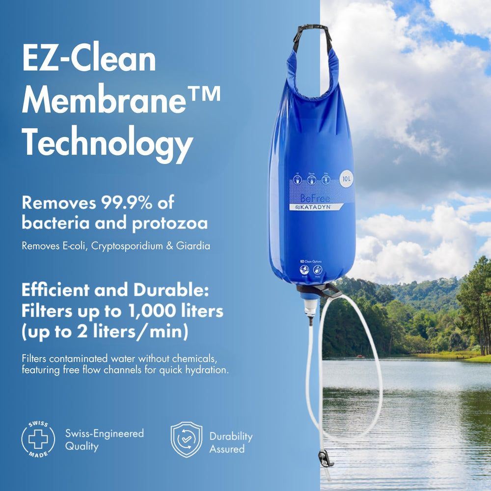 Katadyn Gravity BeFree 10L quick-connect hose image emphasizes easy filling and storage.