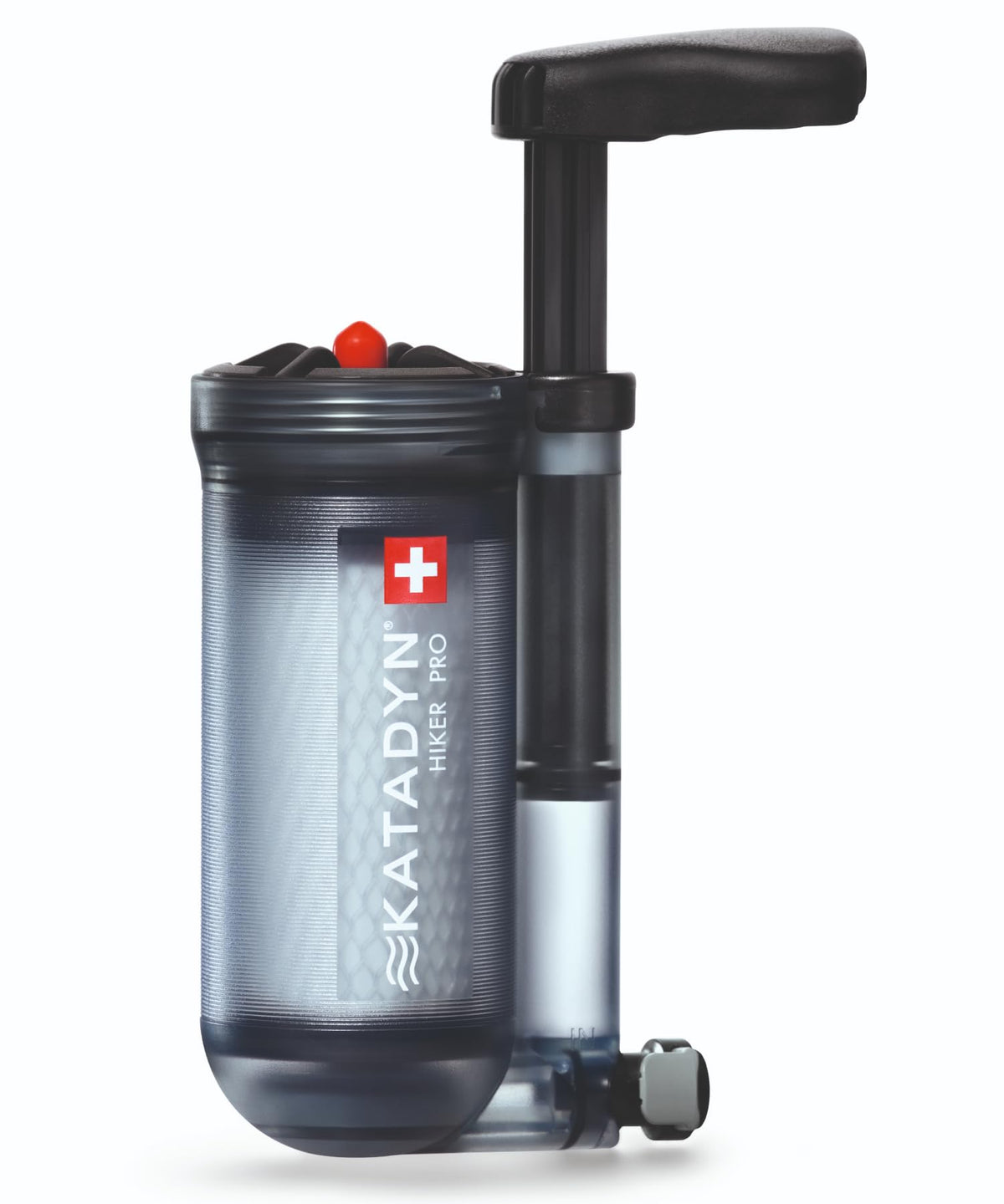 Katadyn Hiker Pro filter body shows compact design for backpacking water filtration.