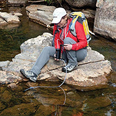 The Hiker Pro flow-rate graphic highlights a 1 L per minute pace on the trail.