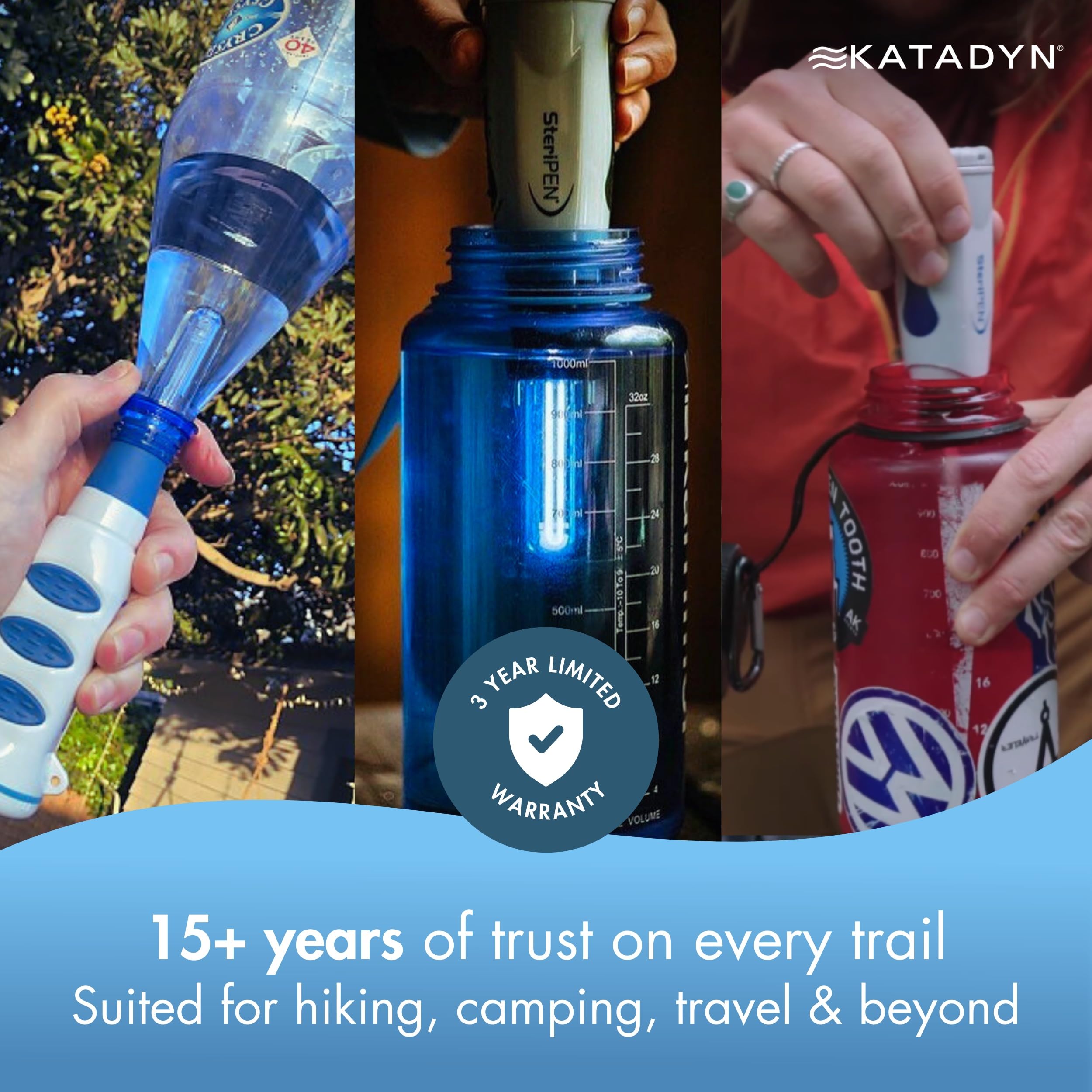Katadyn Steripen Classic 3 portable purifier enables quick on-the-go water treatment.
