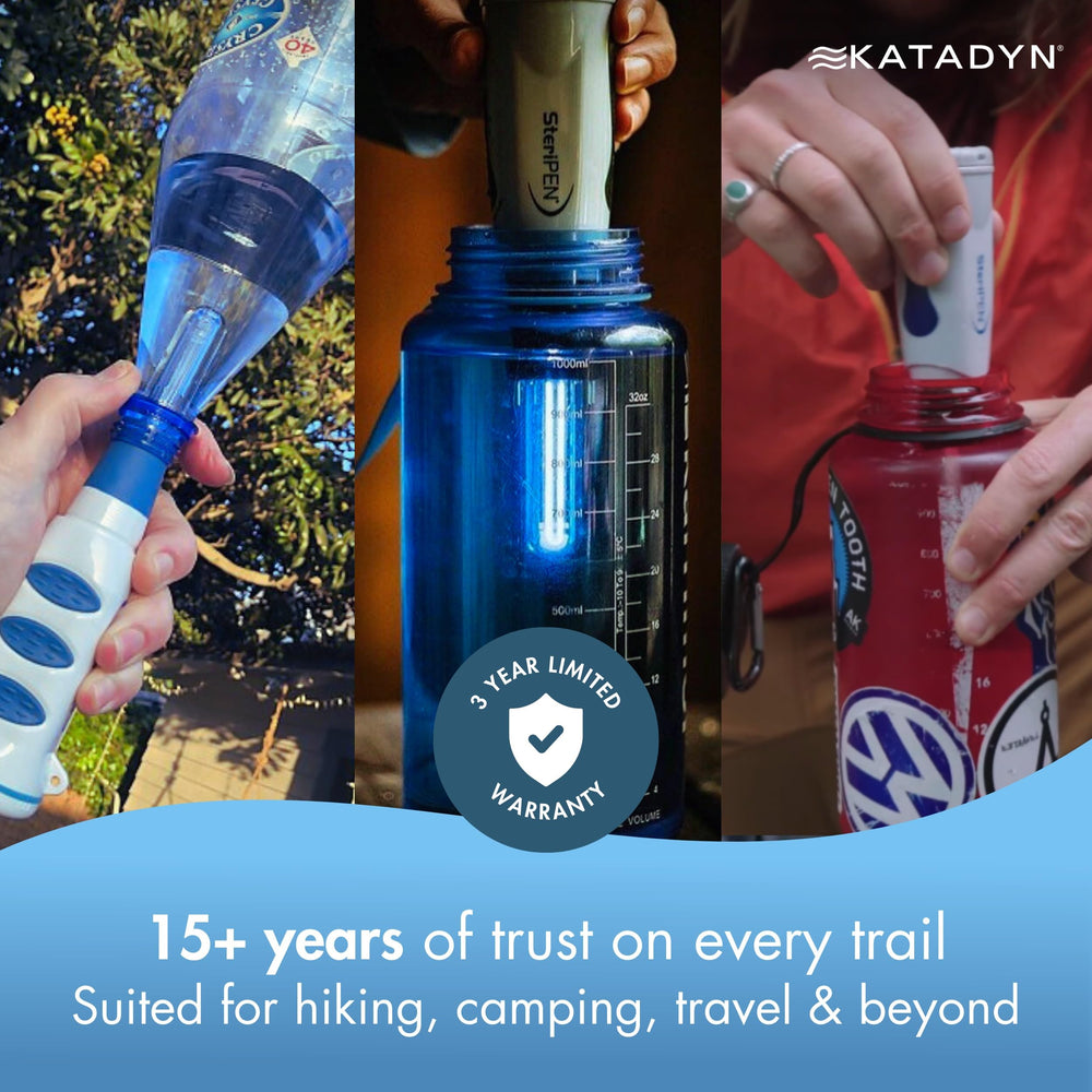 Katadyn Steripen Classic 3 portable purifier enables quick on-the-go water treatment.