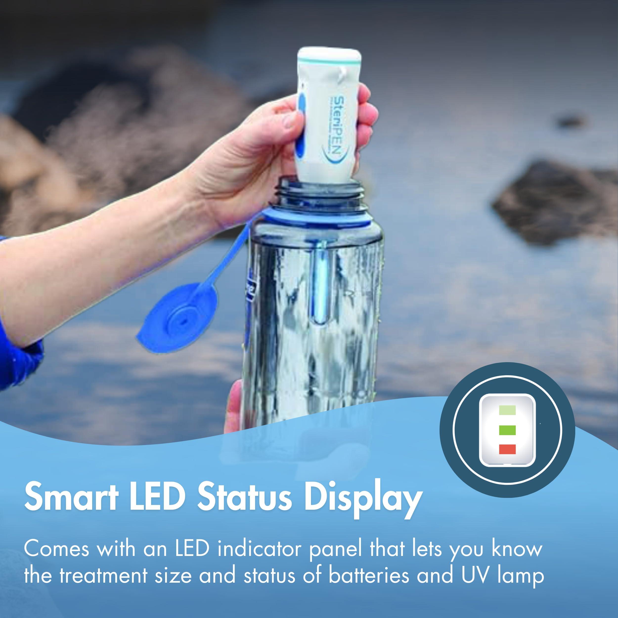 Katadyn Steripen Classic 3 UV lamp powering fast purification on backpacking trips.