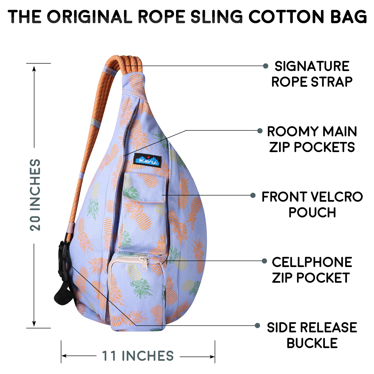 KAVU Rope Bag Pineapple Pirouette dimensions reveal compact yet roomy interior