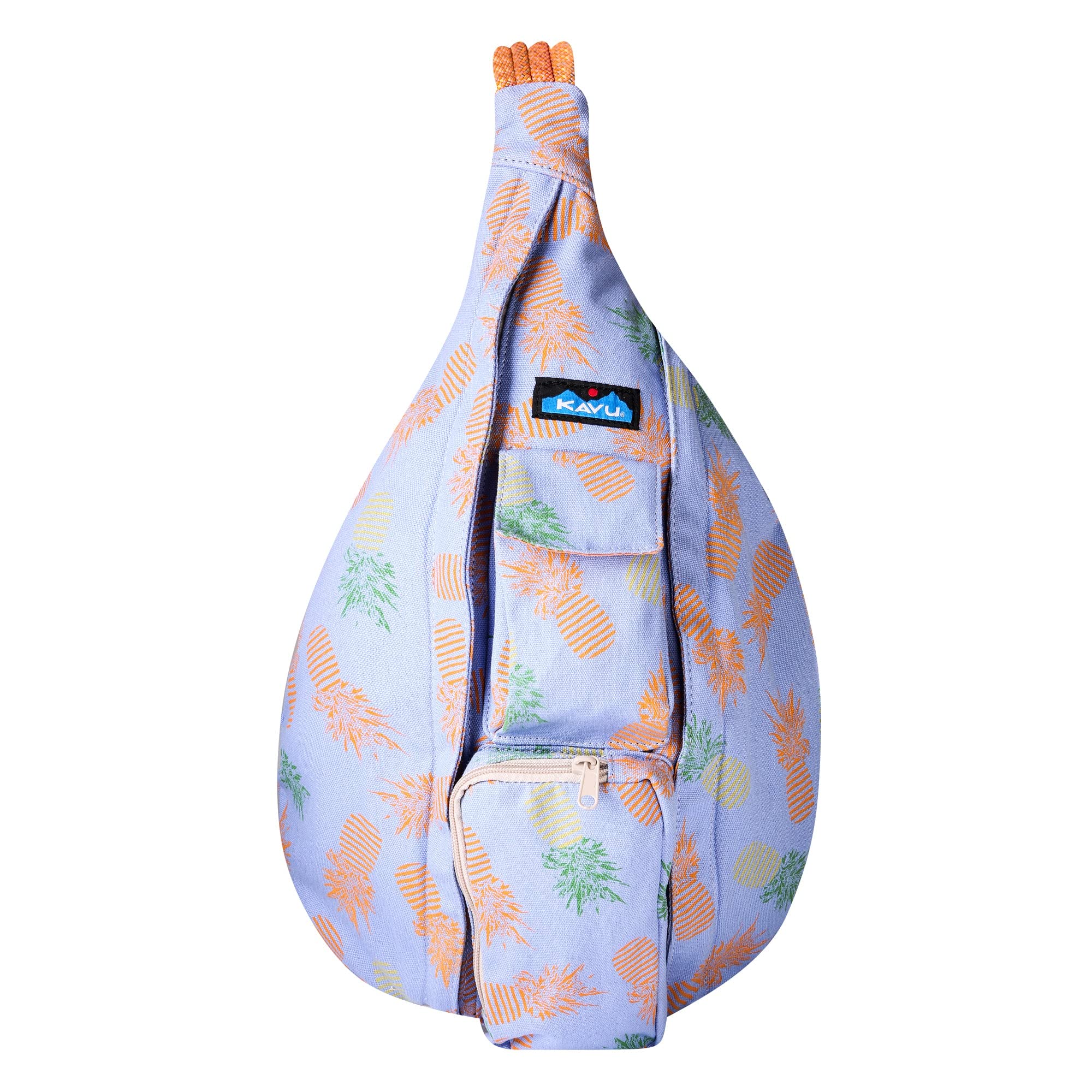 KAVU Rope Bag Pineapple Pirouette worn crossbody proves versatile for city commutes