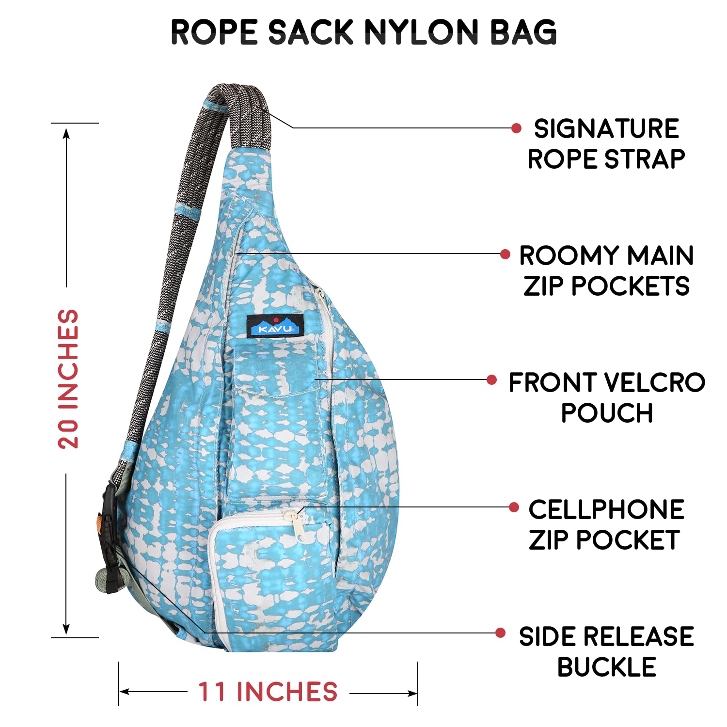 KAVU Rope Sack Ripple Tie Dye strap detail highlights durable, comfortable rope handles