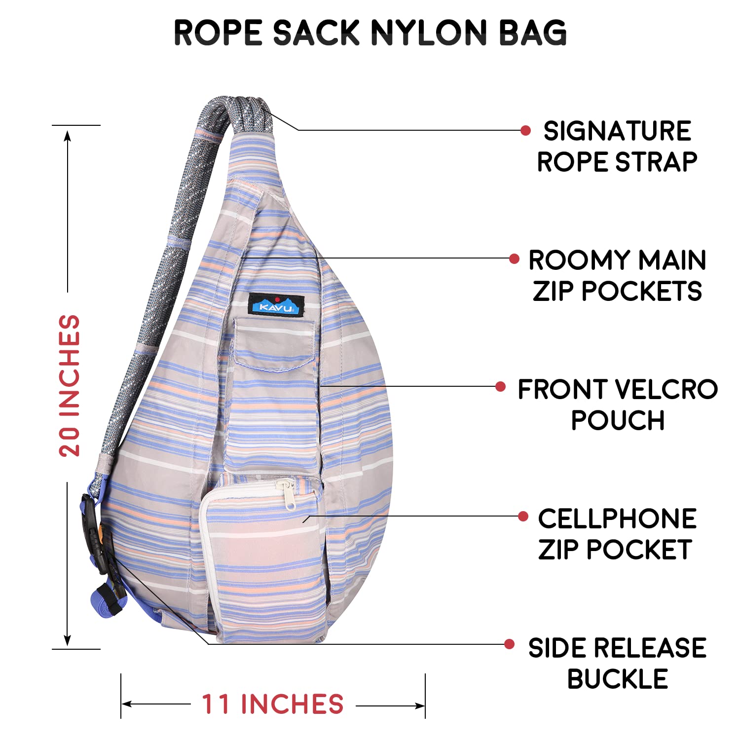 KAVU Rope Sack Simple Stripe material detail showing rope-strap texture and durable fabric.