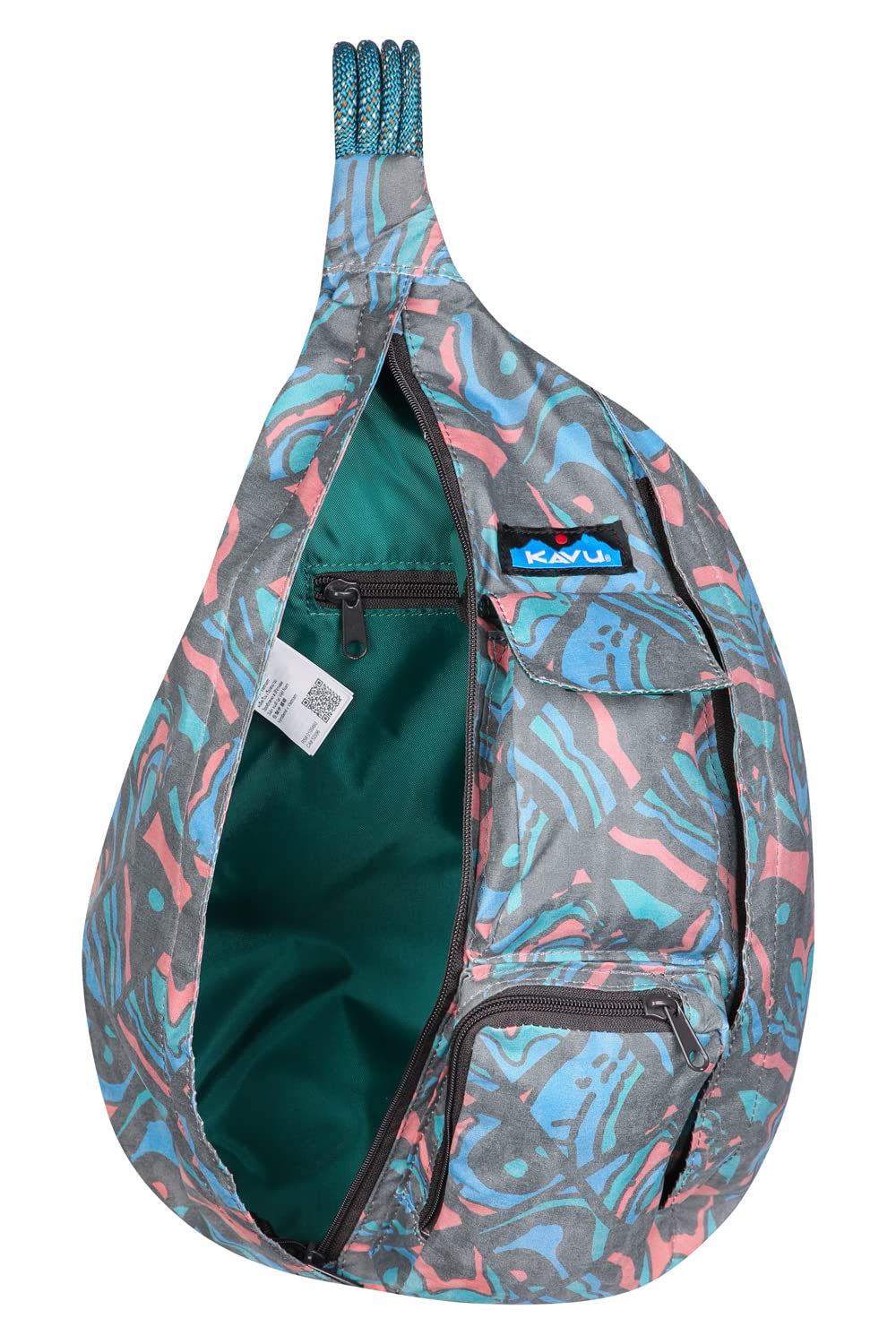 KAVU Rope Sack Topo Smash compartments closeup reveals two zip pockets for essentials.
