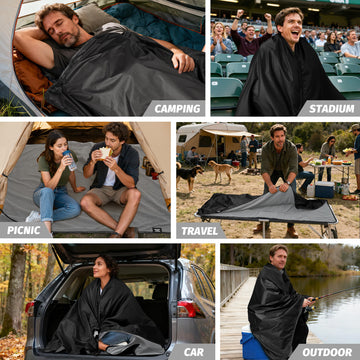 KawaGebo Kamp stadium blanket provides wind protection and dry seating.