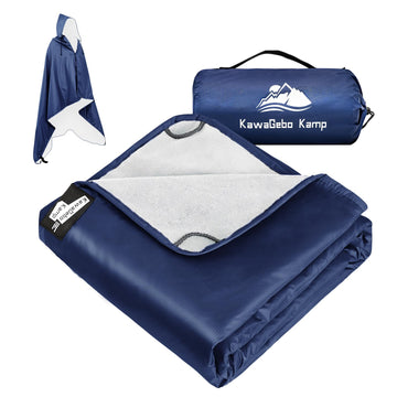 KawaGebo Kamp hooded waterproof blanket in blue keeps you dry during outdoor adventures.