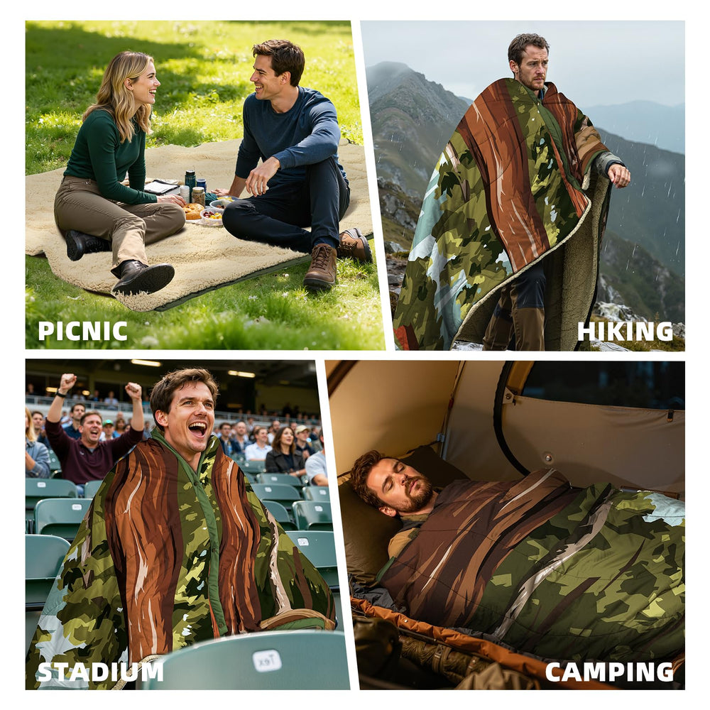 KawaGebo Kamp ultralight-poncho in use for quick rain protection.