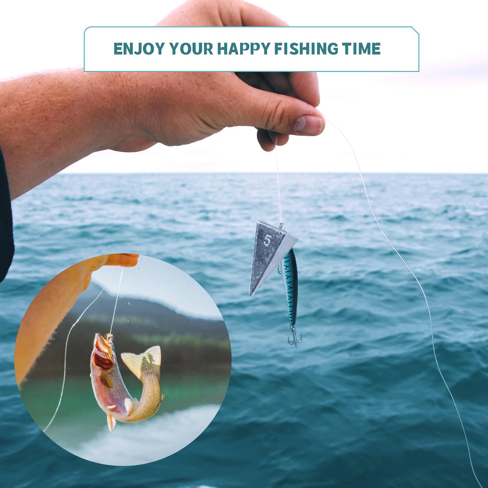 KAXIWEI pyramid sinkers pictured with offshore fishing setup for depth adjustment