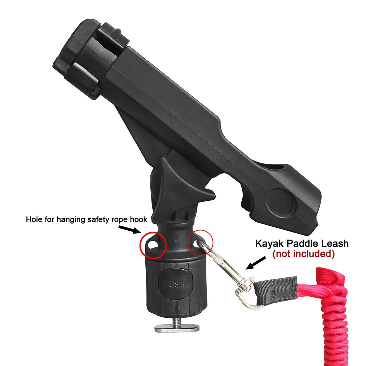 Rod holder securing fishing rod on kayak