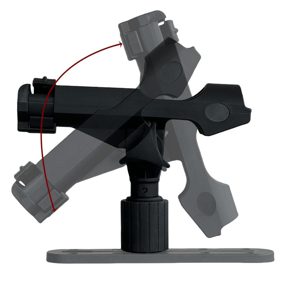 Close-up of track-mounted rod holder installation on kayak