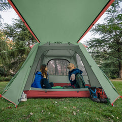 KAZOO 3-person tent porch space highlights extended area for gear and lounging.