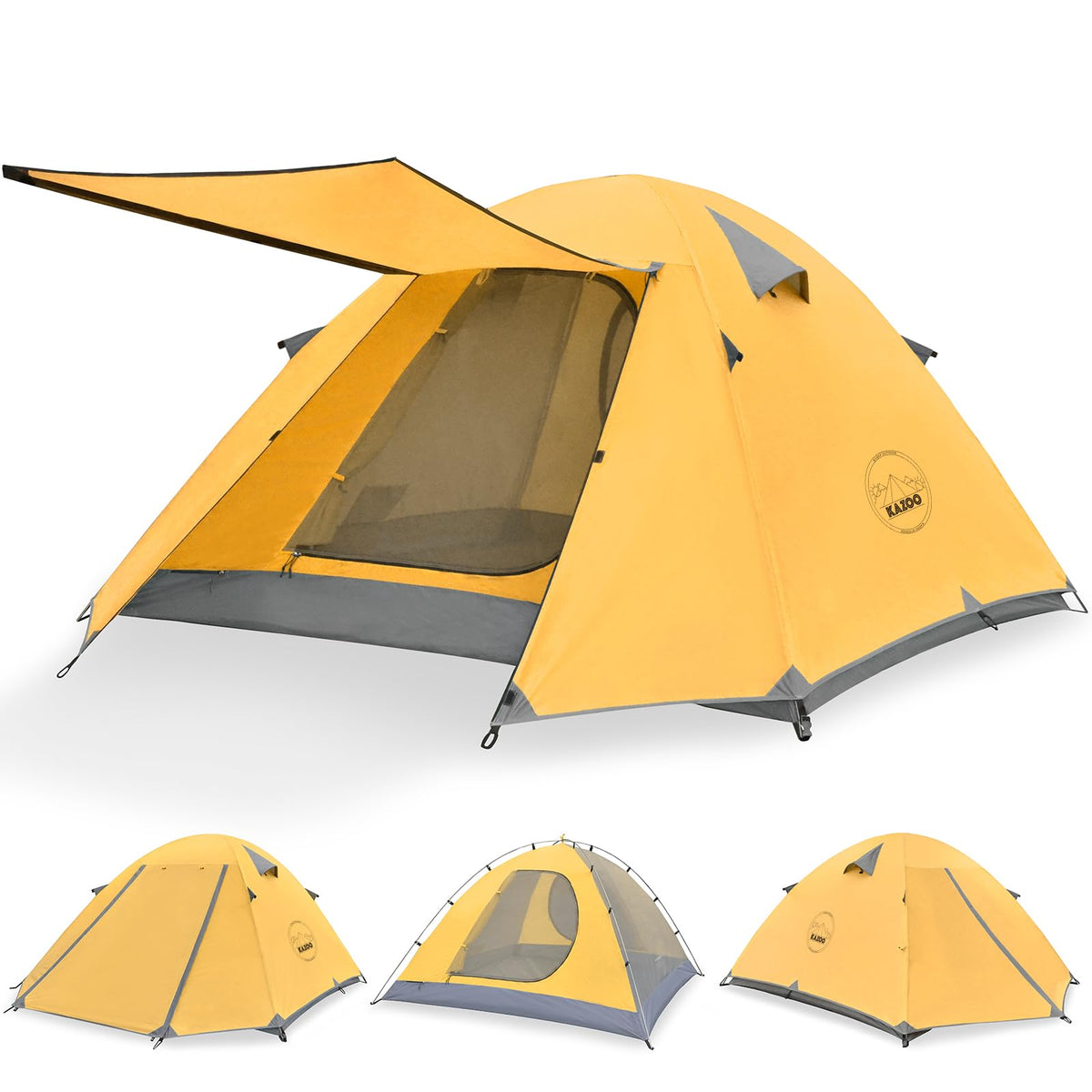KAZOO Cometary 3P tent exterior front view highlights lightweight aluminum frame for easy backpacking.